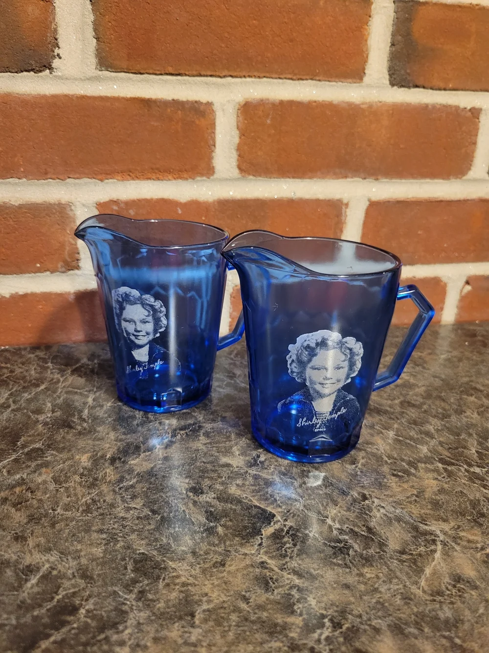 Shirley Temple Cobalt Blue Glass Pitchers